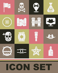 Set Alcohol drink Rum, Pirate hat, Location pirate, treasure map, Compass, flag and Binoculars icon. Vector