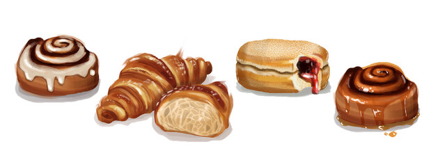 Bakery pastries realistic illustration different types croissant, filled donut, cinnamon roll. Perfect french breakfast 