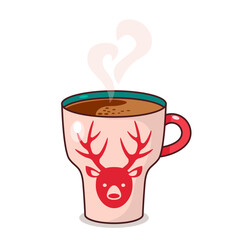 Christmas card with red cup of coffee, whipped cream and Christmas caramel candy.