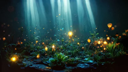 Foto op Plexiglas Blauwgroen Magisch fantasie onderwaterlandschap met zeebodem