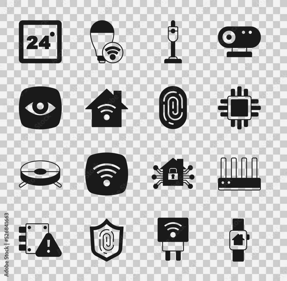 Poster set smart home with smart watch, router and wi-fi signal, processor cpu, vacuum cleaner, security ca