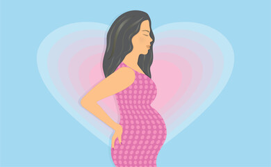 Lovely pregnant woman with hearts in background. Vector illustration.