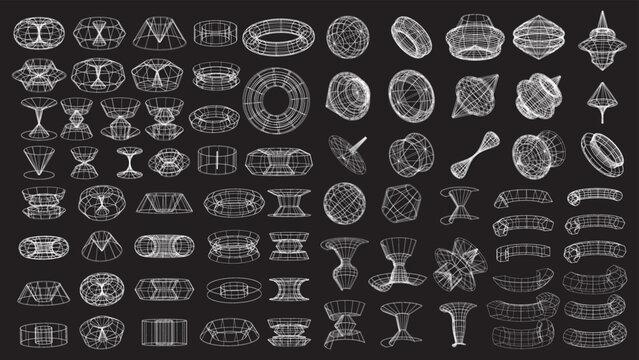 Set of abstract geometric technology elements in cyberpunk style. Retro vintage collection 3d virtual digital design. Texture 80s vr. Futuristic metaverse pattern. Vector isolated template background