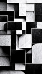 Modern abstract dynamic shapes black and white background with grainy paper texture. Digital art.