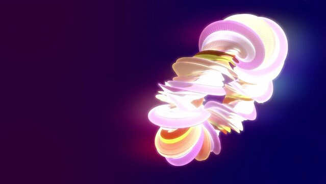 Abstract looped animation motion design with a beautiful bright volumetric multi-colored luminous spinning 3d energy ring of lines on a dark background and copy space in high resolution 4k