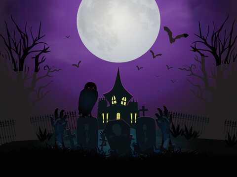 Halloween background cemetery gate with zombie hand and a horror house