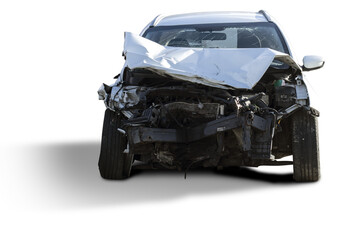 Frontal view of a crashed white car wreck isolated