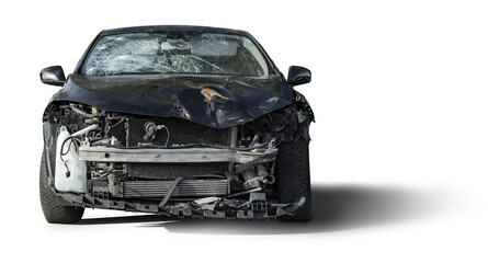 Frontal view of a black crashed car wreck - dented bonnet, smashed engine and broken windshield - isolated 