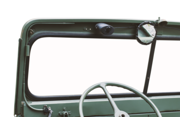 Interior fragment of a vintage green convertible military 4x4 SUV car dashboard