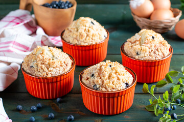 Homemade vegan blueberry muffins with blueberry on the green table
