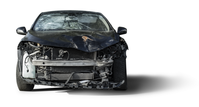 Frontal view of a black crashed car wreck - dented bonnet, smashed engine and broken windshield - isolated 