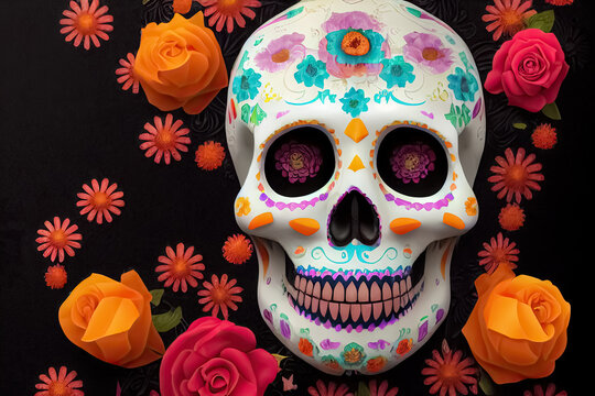 Traditional Calavera, Sugar Skull Decorated With Flowers. The Day Of The Dead. 3D Illustration.