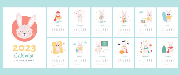 Calendar 2023 design template with cute rabbits. Year of the Rabbit. Collection of 12 vertical templates and cover. Sunday start calendar. Vector illustration
