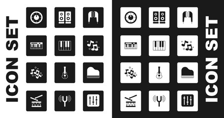 Set Air headphones, Music synthesizer, Sound mixer controller, note, tone, Stereo speaker, Grand piano and icon. Vector