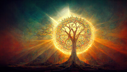 Beautiful tree of life, sacred symbol. Individuality, prosperity and growth concept. 3D illustration