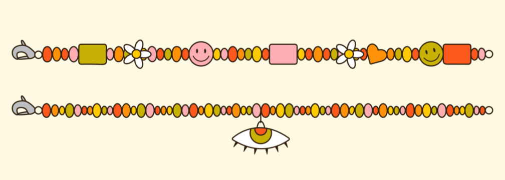 Vector illustration of y2k beads choker with daisy flowers, hearts, smiling faces and eye. Cartoon diy jewellery. Cute colorful bracelet. Trendy oldschool icon