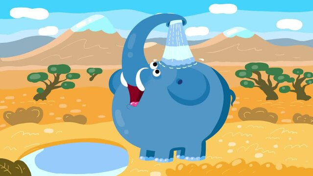Cartoon elephant bath. Trunk shower in hot Aftrica. Good for any movie, presentation, etc... Funny children animation.