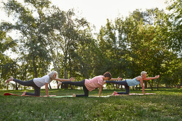 Side of elderly caucasian friends practicing yoga