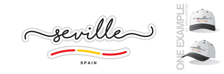 Naklejka premium Seville Spain, abstract Spain flag ribbon, new modern handwritten typography calligraphic logo icon with example of application