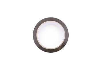 A roll of brown adhesive tape on a white background in the center of the image. A stationery item...