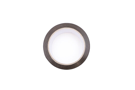 A roll of brown adhesive tape on a white background in the center of the image. A stationery item in the form of sticky tape for gluing paper or for a delivery service