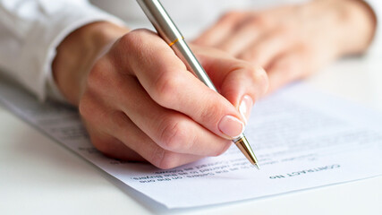 close up of a woman signing contract