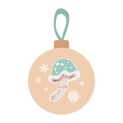 Christmas toy ball vector isolated background. Mushroom, snowflakes, ball, Christmas decoration, toy. Vector illustration in pastel colors of blue, beige. For decorating invitations, greeting cards