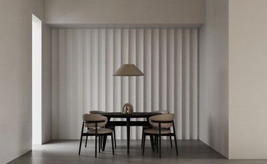 Round wooden dining table with upholstered modern chairs. Decorative concrete corrugated panel in the background. White minimalist interior dining room with doorway