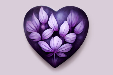 Bouquet of purple flowers in the shape of a heart. Romantic gift for valentine's day. Surprise for the woman you love. Heart of flowers - A symbol of love and devotion. Greeting card design