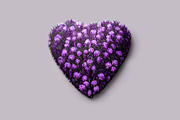 Bouquet of purple flowers in the shape of a heart. Romantic gift for valentine's day. Heart of flowers - A symbol of love and devotion. Greeting card design. Surprise for the woman you love