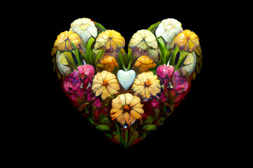 Bouquet of colorful flowers in the shape of a heart. Greeting card design. Surprise for the woman you love. Romantic gift for valentine's day. Heart of flowers - A symbol of love and devotion