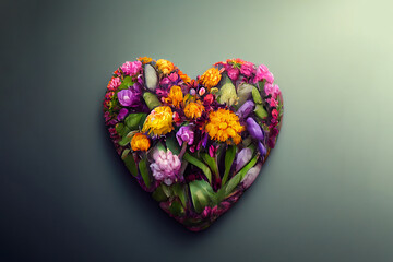 Greeting card design. Bouquet of colorful flowers in the shape of a heart. Romantic gift for valentine's day. Surprise for the woman you love. Heart of flowers - A symbol of love and devotion