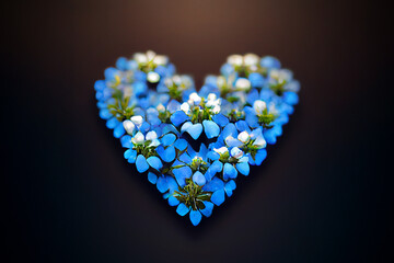 Bouquet of blue flowers in the shape of a heart. Romantic gift for valentine's day. Surprise for the woman you love. Greeting card design. Heart of flowers - A symbol of love and devotion