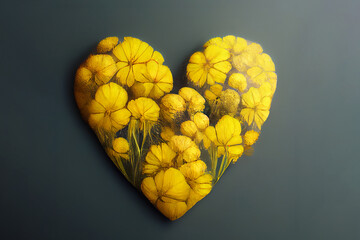 Bouquet of yellow flowers in the shape of a heart. Romantic gift for valentine's day. Surprise for the woman you love. Heart of flowers - A symbol of love and devotion. Greeting card design