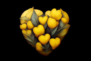 Bouquet of yellow flowers in the shape of a heart. Surprise for the woman you love. Greeting card design. Heart of flowers - A symbol of love and devotion. Romantic gift for valentine's day