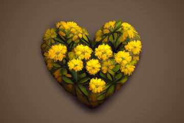 Romantic gift for valentine's day. Heart of flowers - A symbol of love and devotion. Surprise for the woman you love. Bouquet of yellow flowers in the shape of a heart. Greeting card design