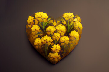 Greeting card design. Bouquet of yellow flowers in the shape of a heart. Heart of flowers - A symbol of love and devotion. Romantic gift for valentine's day. Surprise for the woman you love