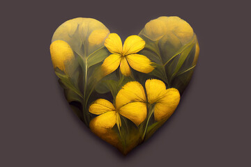 Heart of flowers - A symbol of love and devotion. Greeting card design. Bouquet of yellow flowers in the shape of a heart. Romantic gift for valentine's day. Surprise for the woman you love