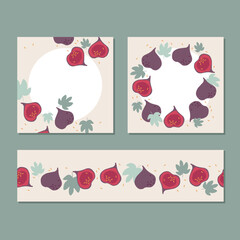 Figs background collection. Seamless horizontal border, two frames with copy space on beige color  background. Frames for design menu, cookbook, card, poster. Fruit design collection.