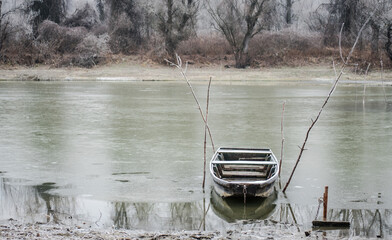 Danube Island Sodros near Novi Sad, Serbia. Gray and white landscape with frozen water.