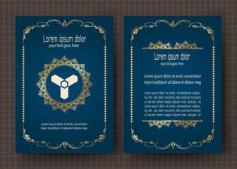 Gold vintage greeting card with blue background and shiny dots texture, luxury ornament template, ideal for invitations, flyers, menus, brochures, postcards, wallpapers, etc.