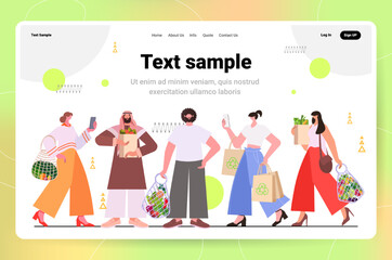 mix race people holding shopping bags full of fruits and vegetables eco friendly mesh shopper zero waste plastic free