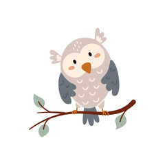 Cute Owl sitting on a branch of tree. Vector scandinavian Illustration. Cartoon Character Isolated on White background