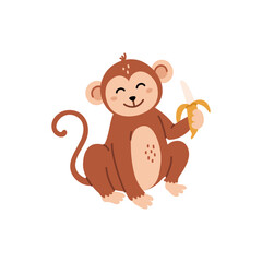 Cute baby monkey sitting and holding banana. Vector illustration in cartoon style. Cute animal. Kids illustration with a cute monkey eating a banana isolated on white background.