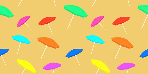 Fototapeta na wymiar Seamless pattern with colored beach umbrellas on a sandy background. Sun protection on summer vacation, trips to the sea, heat, resort. Print, design for wallpaper, vector image.