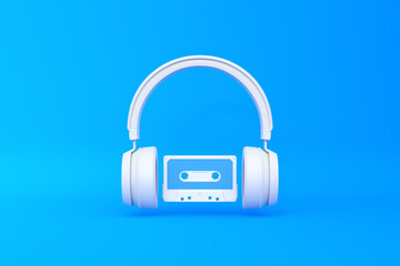 Wireless headphones with audio cassette on a blue background. Front view. 3d rendering illustration