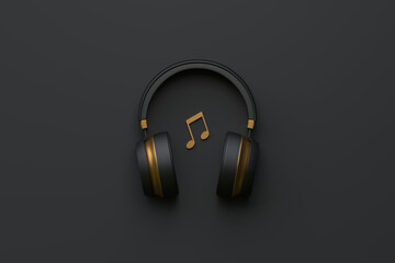 Naklejka premium Wireless headphones with music note on a black background. Top view. 3d rendring illustration