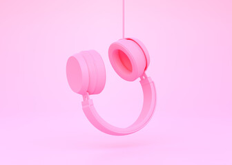 Wireless headphones in the air on a pink background. 3d rendering illustration