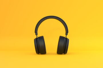 Wireless headphones on a yellow background. Top view. 3d rendring illustration