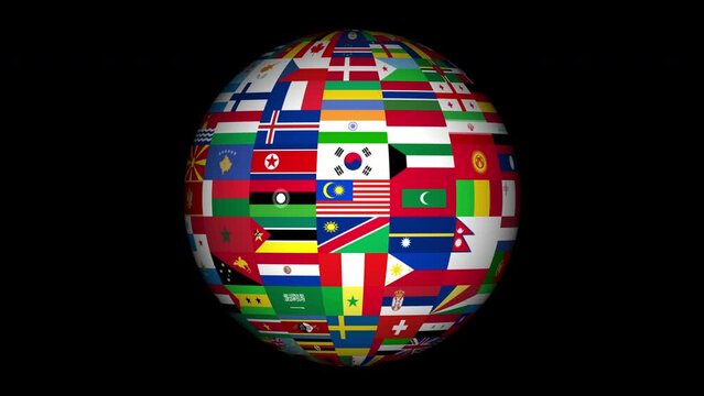  All Country Flags in a Rotating Globe 4K. Seamless Loop With Alpha Channel.